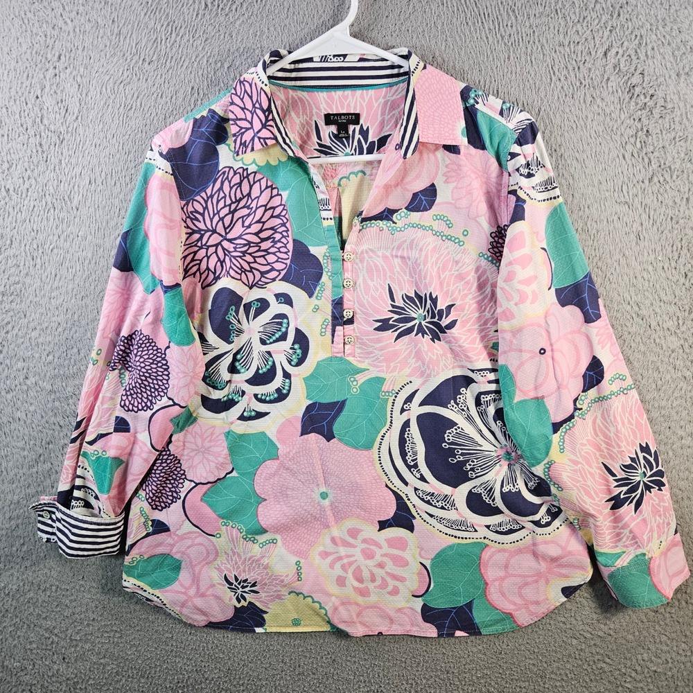 Talbots Petites Large Floral Print Button Up Women Shirt Long‎ Sleeve Pink Navy